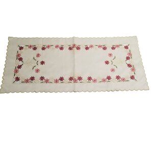 Vintage Embroidered Dresser Table Runner Flowers Scallop Edges 15"x34" Pink Red